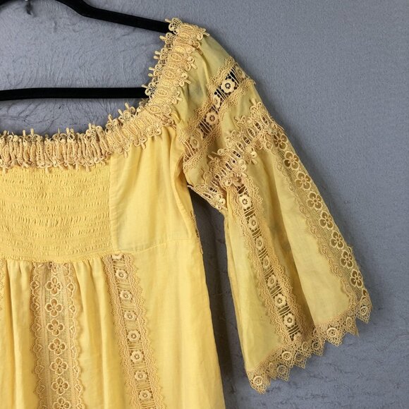 Charo Ruiz Ibiza Top Womens M Yellow Lace Boho Bell Sleeve Babydoll Milkmaid - Picture 10 of 16